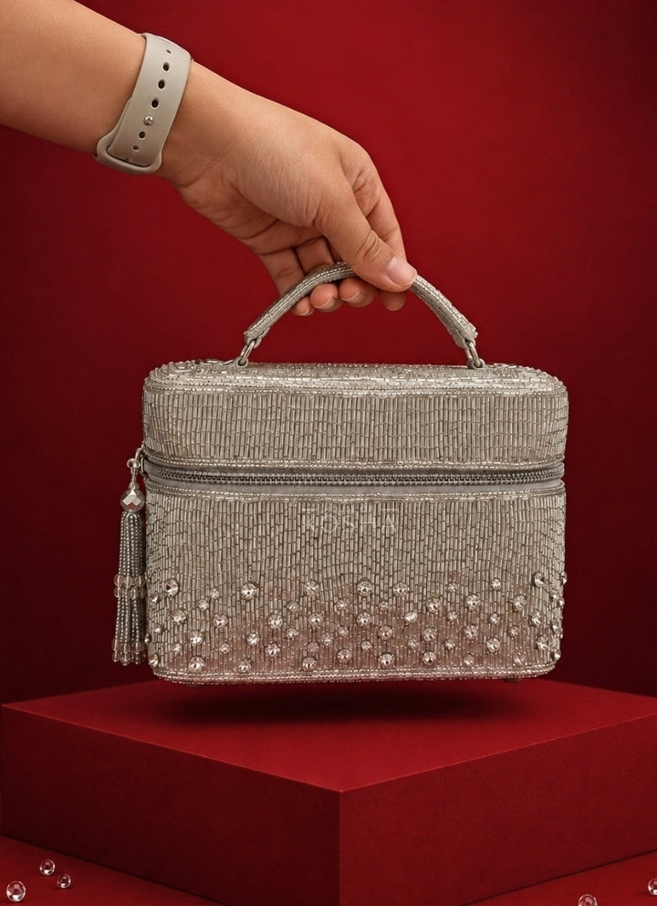 Silver Suede Embroidered Vanity Bag