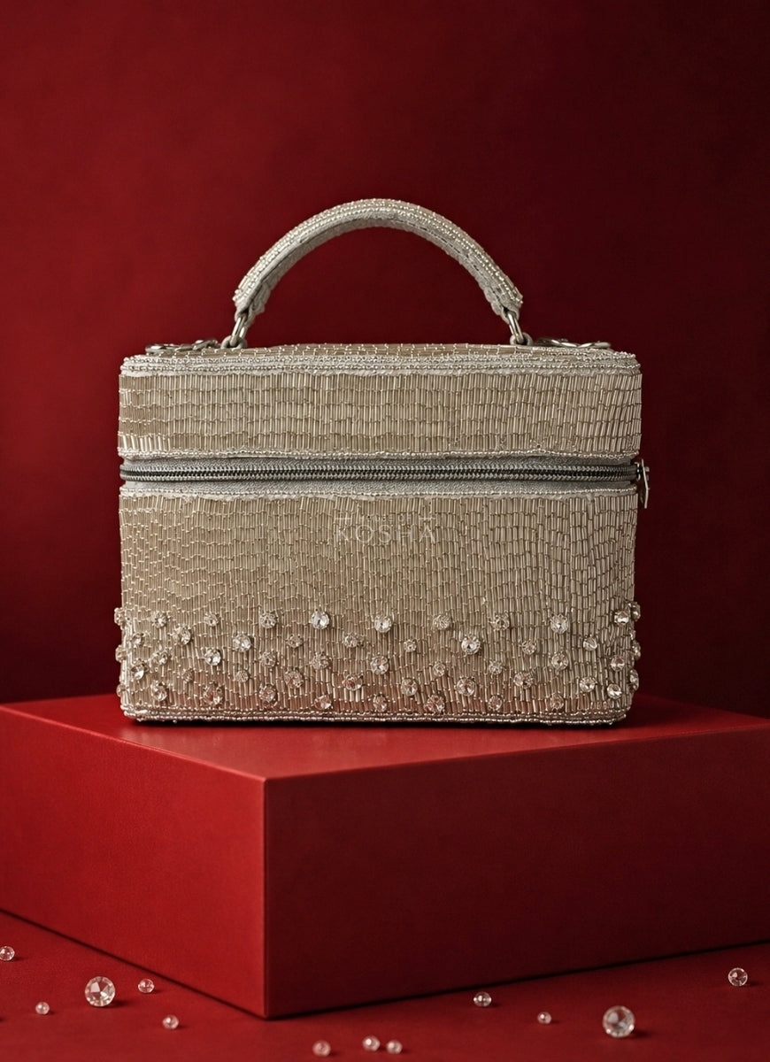Silver Suede Embroidered Vanity Bag