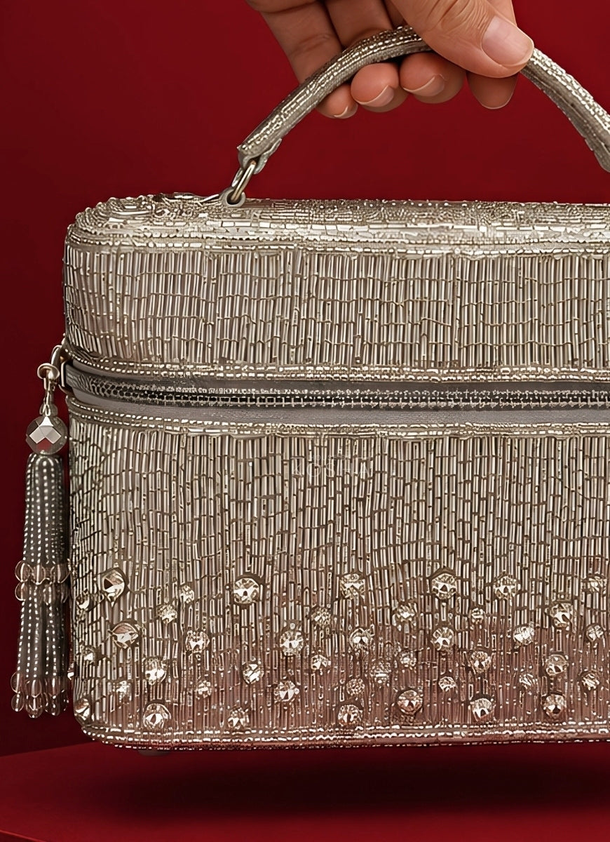 Silver Suede Embroidered Vanity Bag