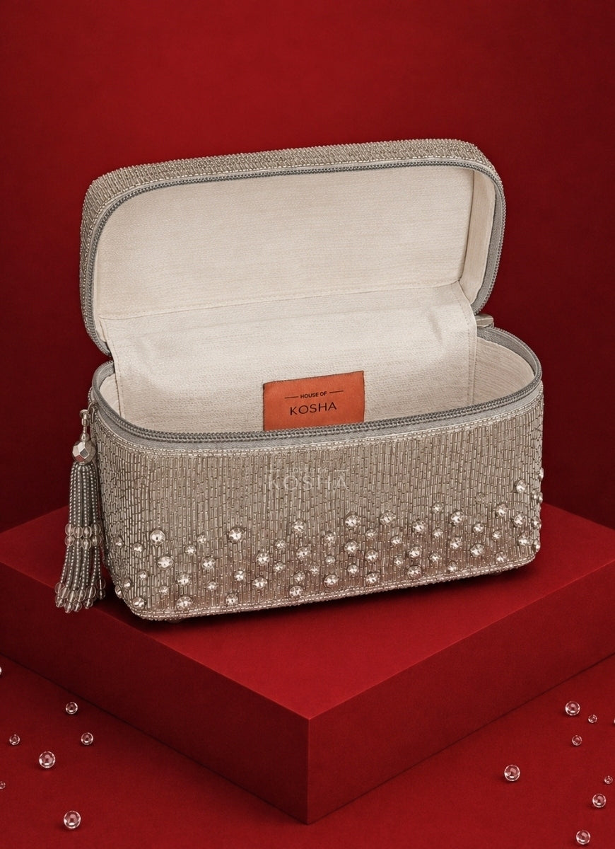 Silver Suede Embroidered Vanity Bag