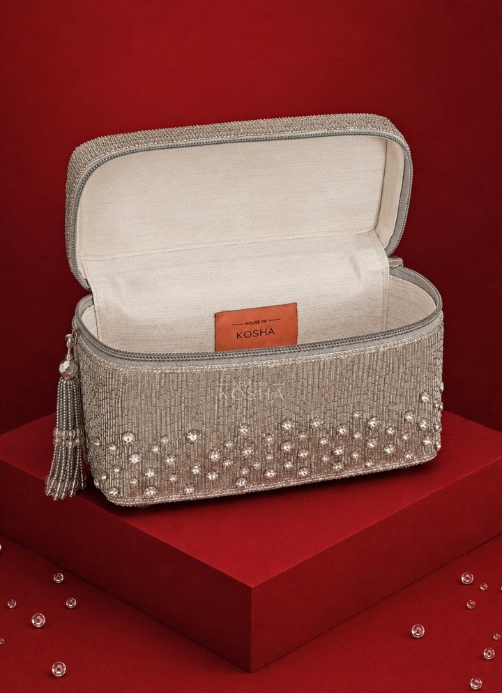 Silver Suede Embroidered Vanity Bag