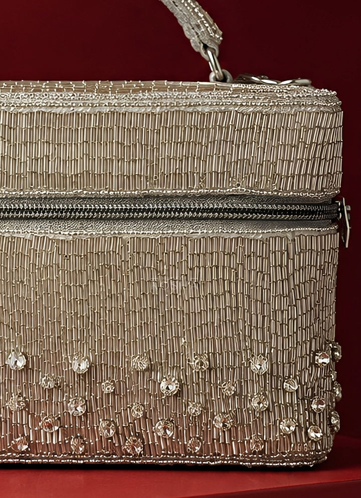 Silver Suede Embroidered Vanity Bag