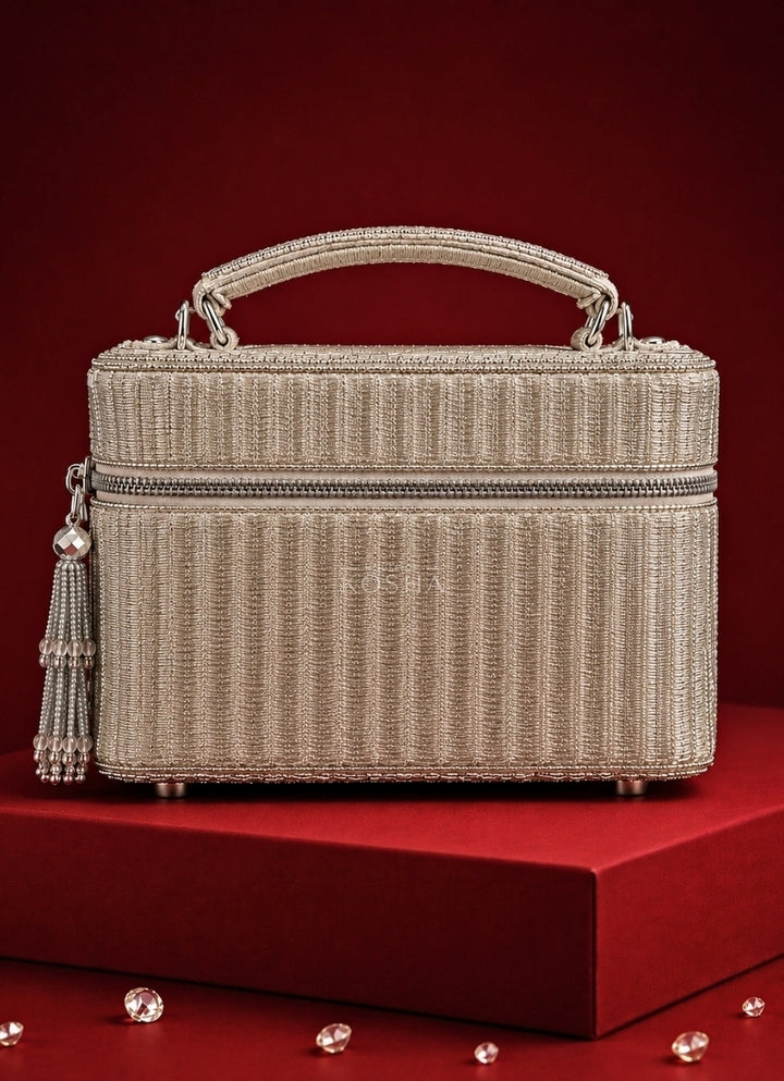 Silver Suede Embroidered Vanity Bag