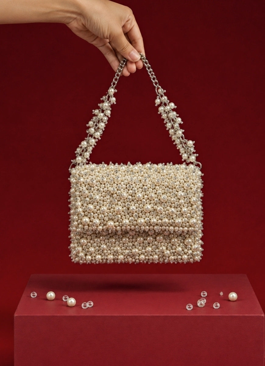 Ivory Suede Pearl Embellished Mini Bag