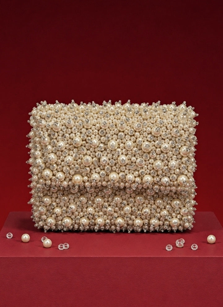Ivory Suede Pearl Embellished Mini Bag