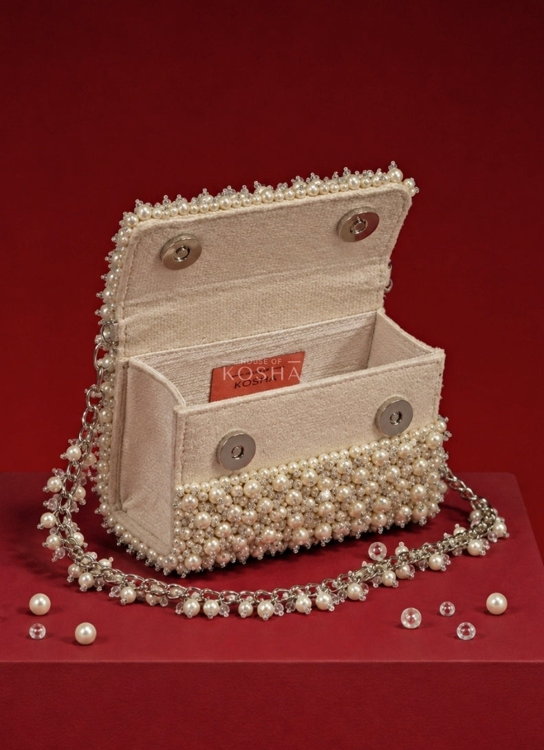 Ivory Suede Pearl Embellished Mini Bag