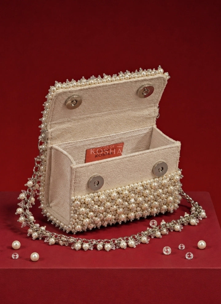 Ivory Suede Pearl Embellished Mini Bag