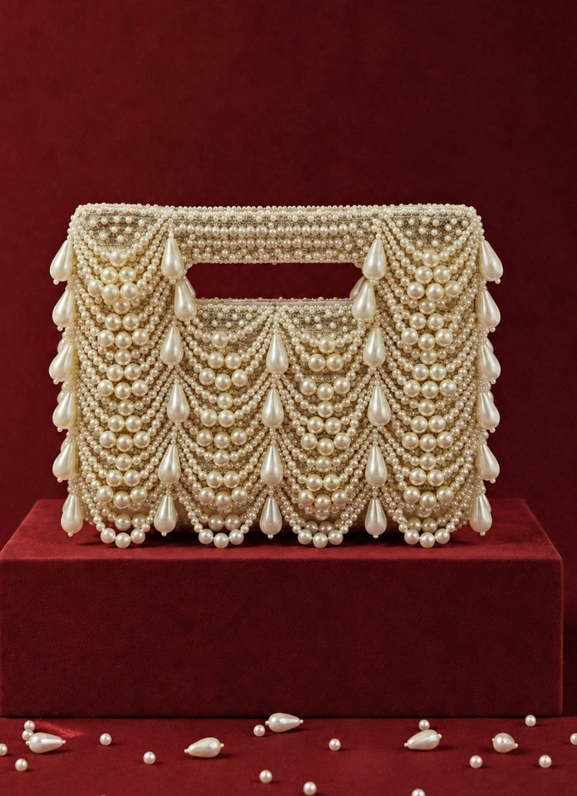 Ivory and Gold Georgette Pearl Embellished Clutch