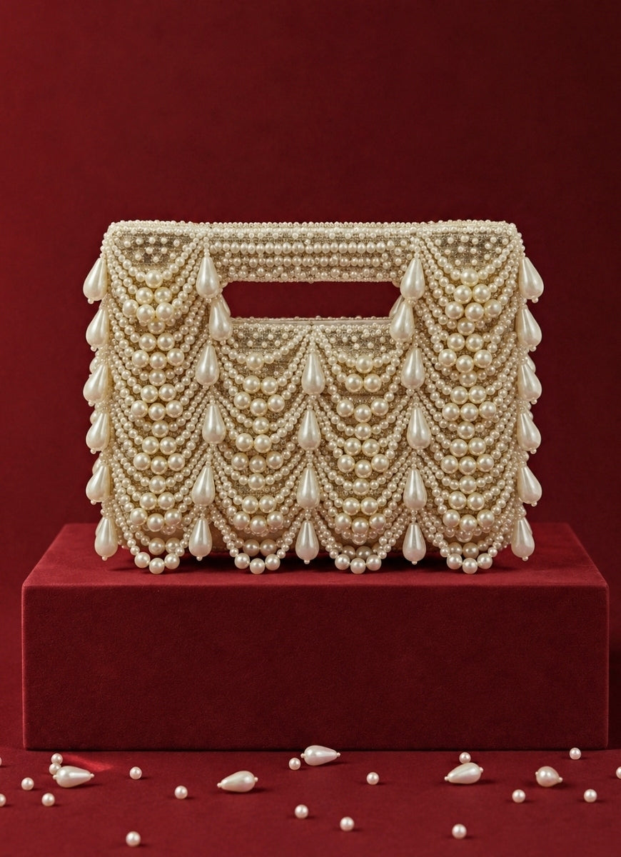 Ivory and Gold Georgette Pearl Embellished Clutch