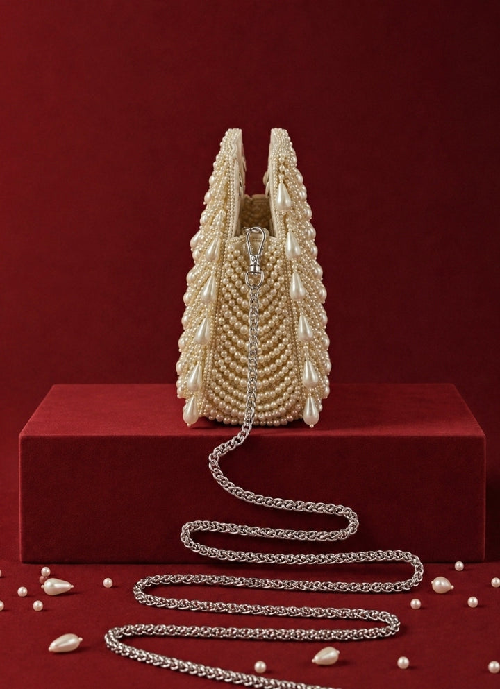 Ivory and Gold Georgette Pearl Embellished Clutch