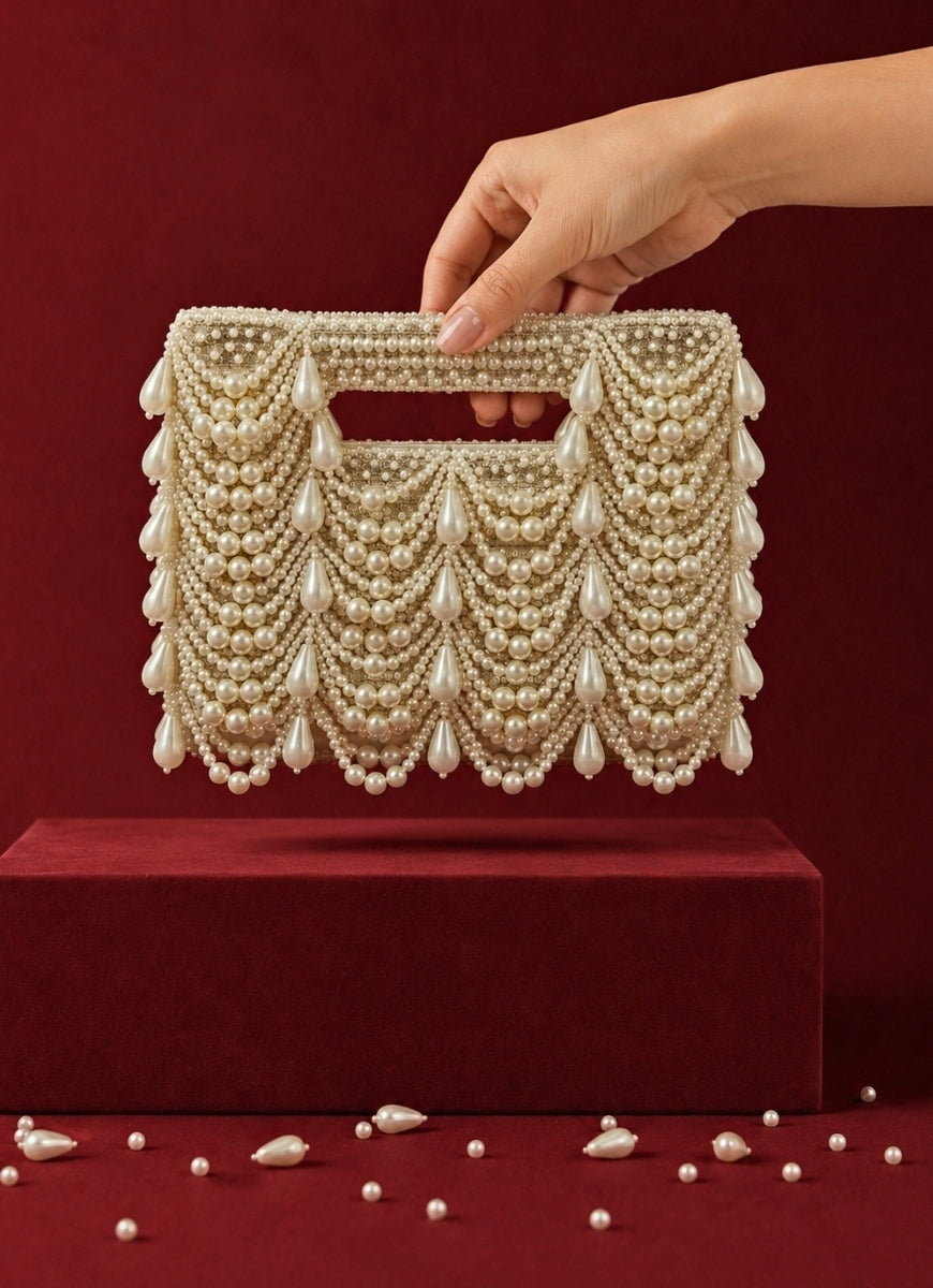 Ivory and Gold Georgette Pearl Embellished Clutch