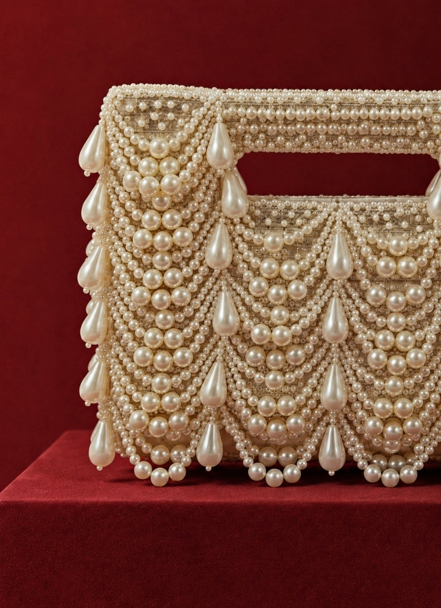 Ivory and Gold Georgette Pearl Embellished Clutch
