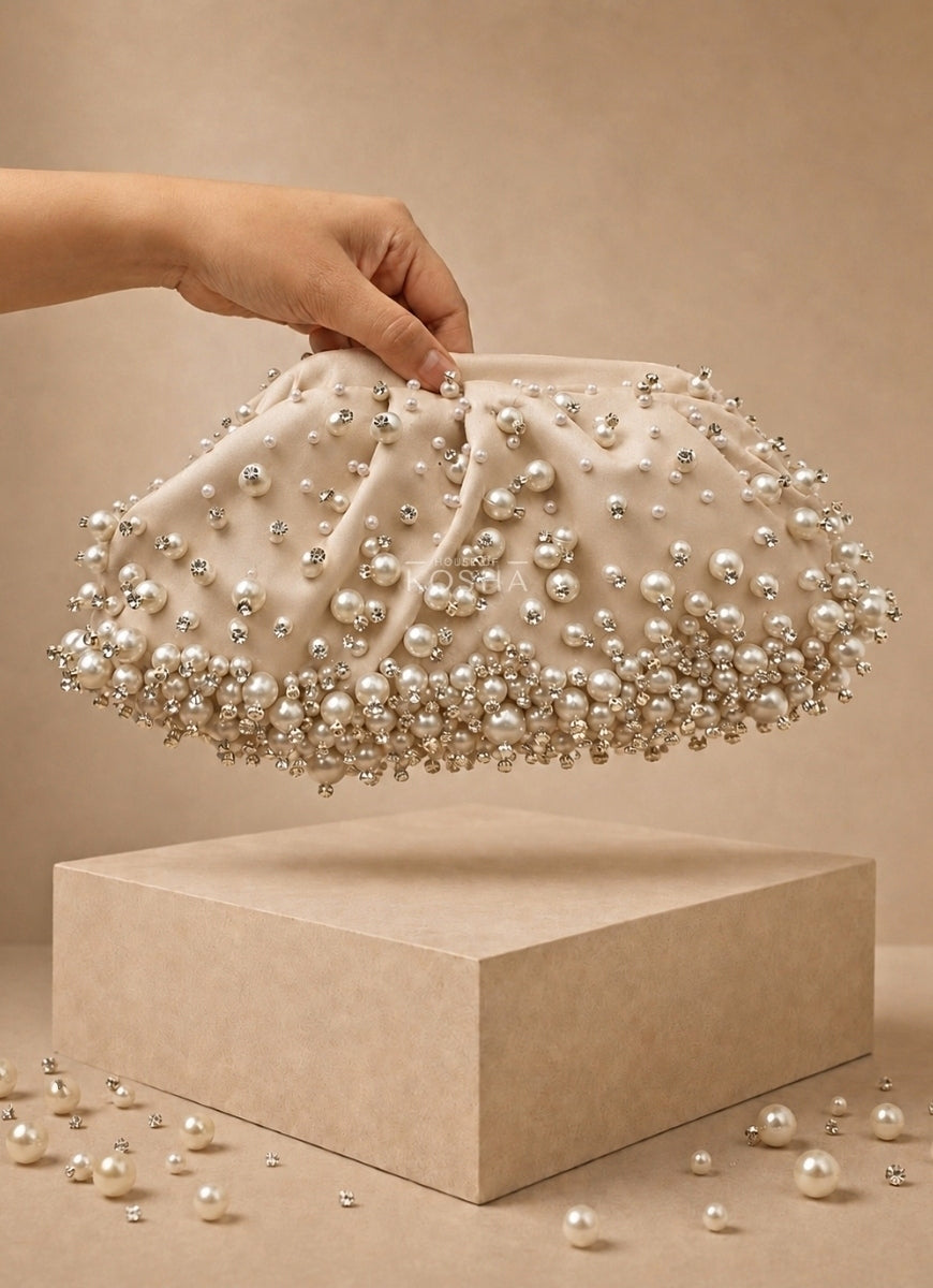 Ivory Suede Embellished Clutch