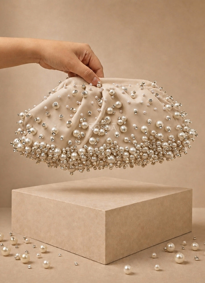 Ivory Suede Embellished Clutch