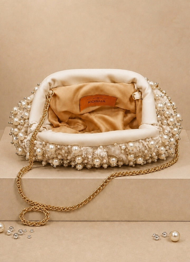 Ivory Suede Embellished Clutch