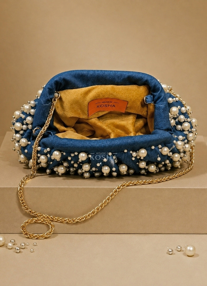 Blue Denim Embellished Clutch
