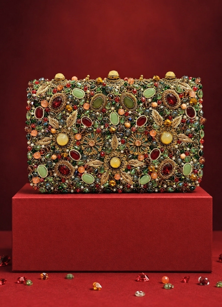 Multicolor Suede Embellished Clutch