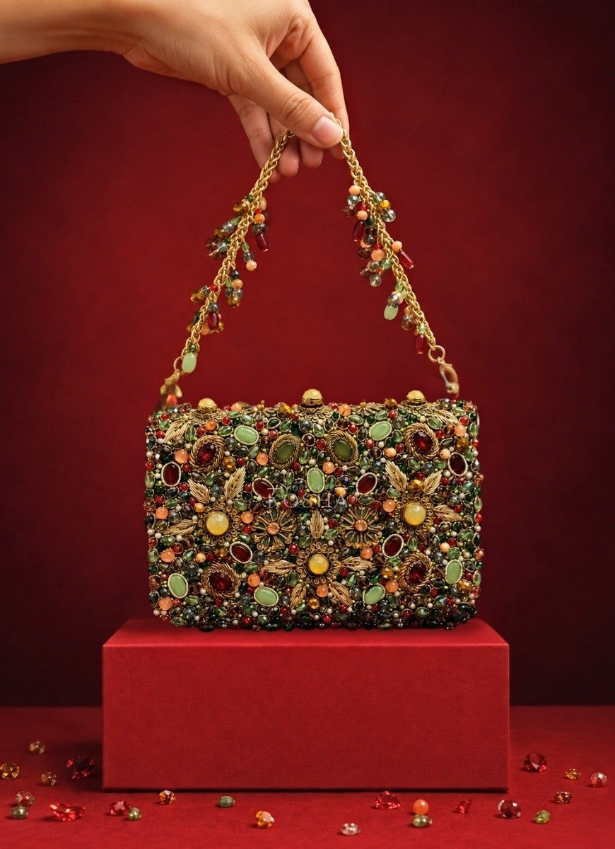 Multicolor Suede Embellished Clutch