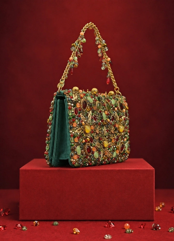 Multicolor Suede Embellished Clutch