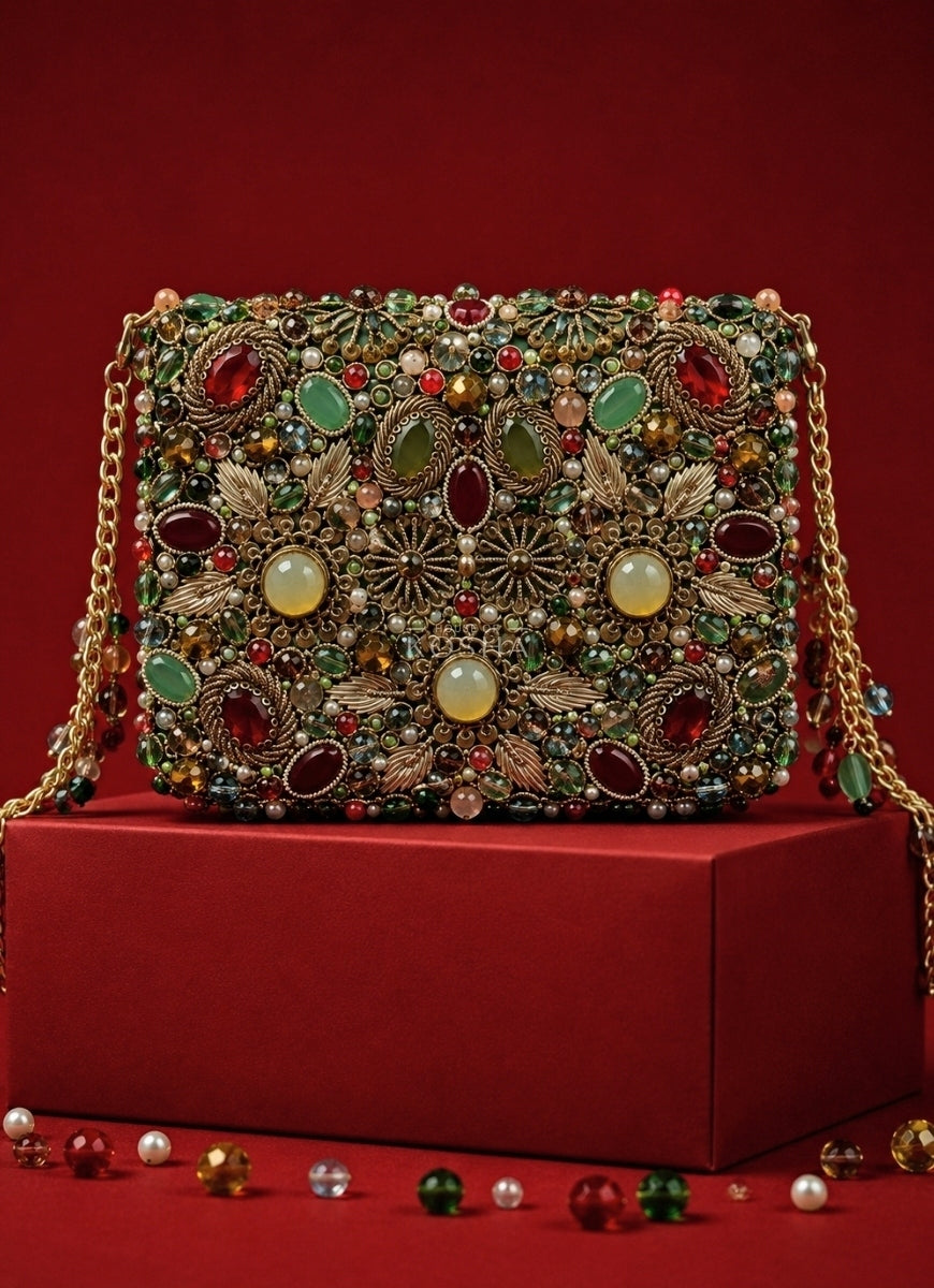 Multicolor Suede Embellished Clutch