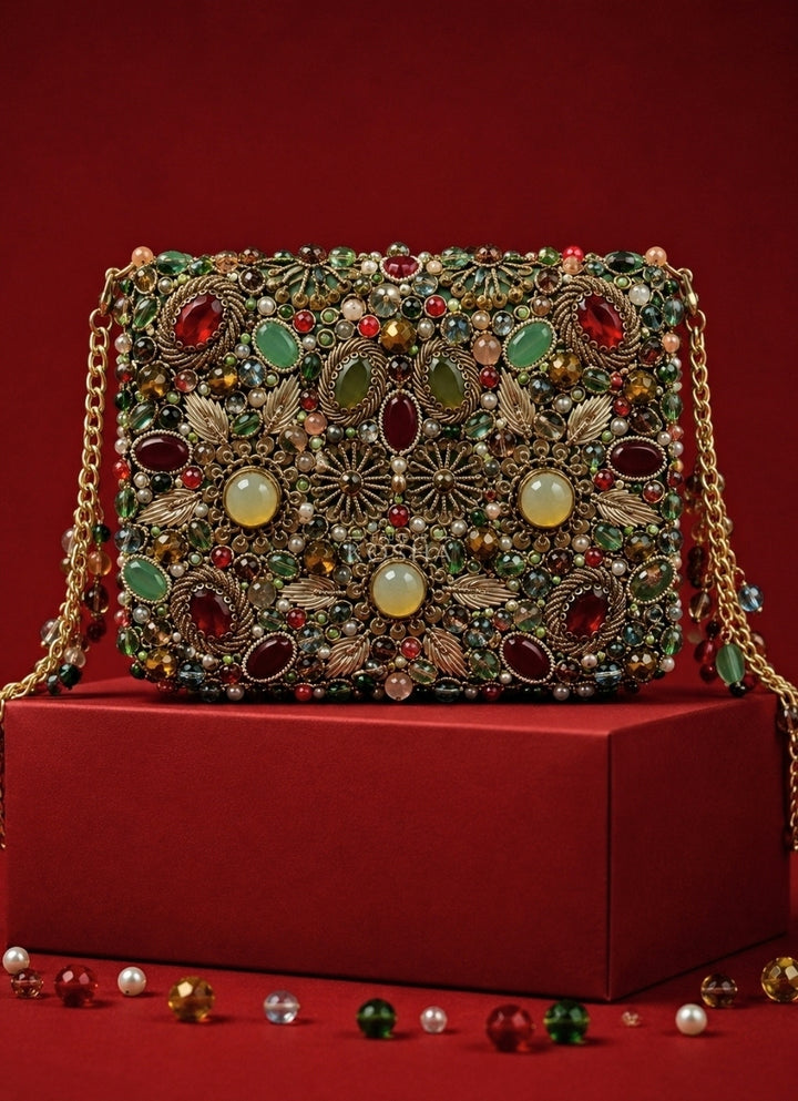 Multicolor Suede Embellished Clutch