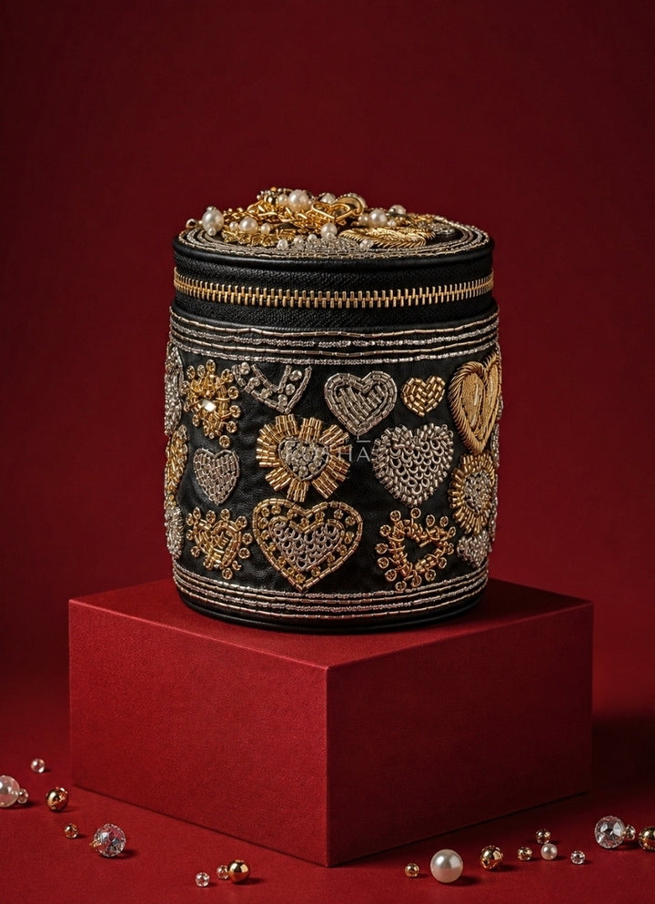 Black Leather Embroidered Cylinder Mini Bag
