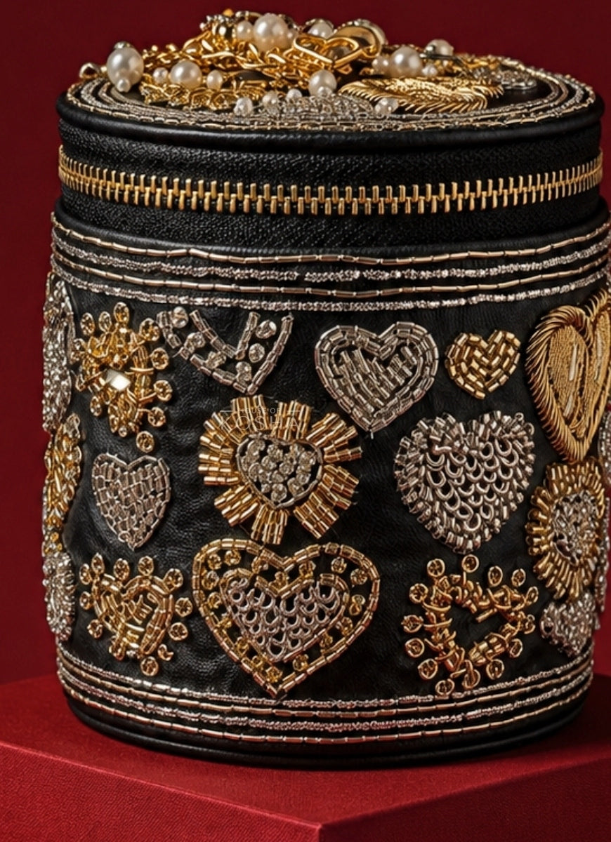 Black Leather Embroidered Cylinder Mini Bag