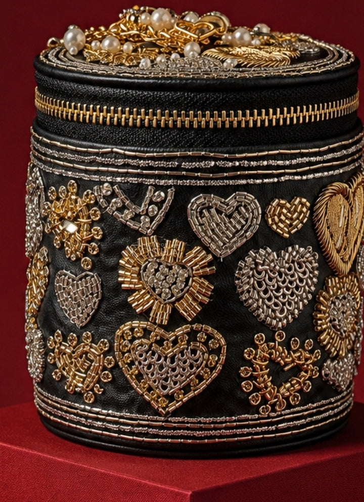 Black Leather Embroidered Cylinder Mini Bag