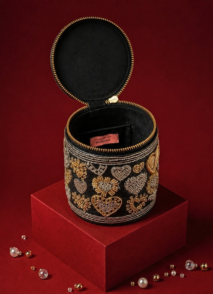Black Leather Embroidered Cylinder Mini Bag