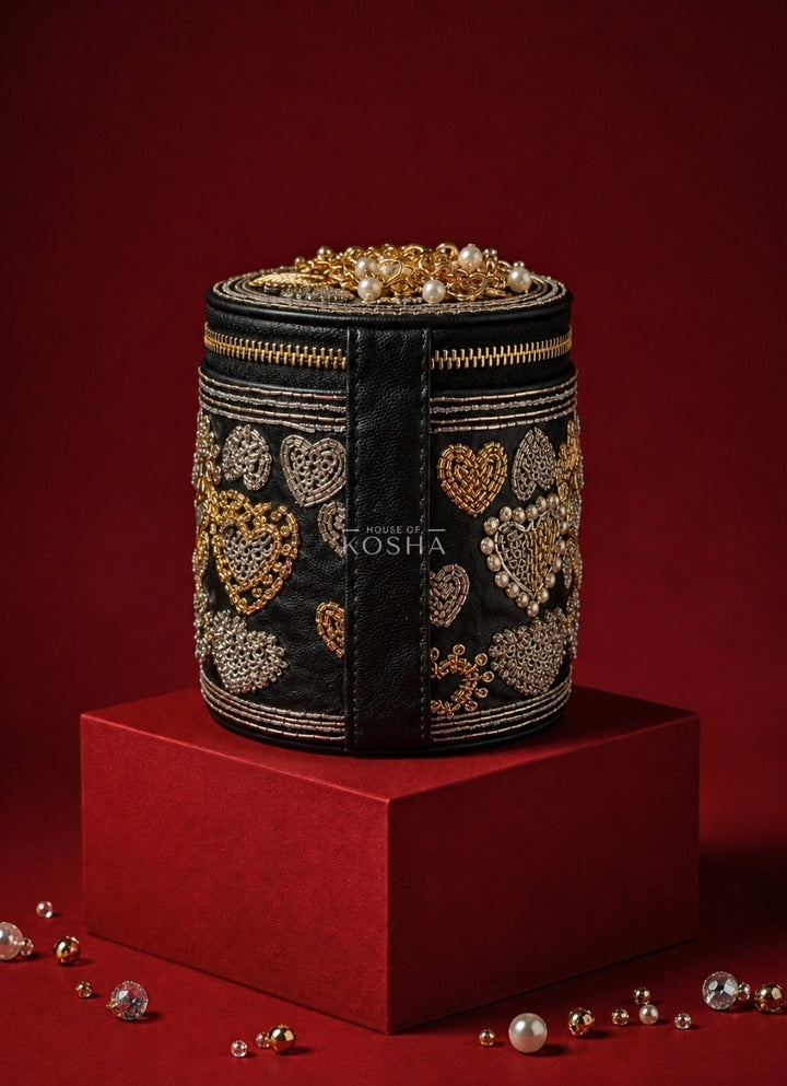 Black Leather Embroidered Cylinder Mini Bag