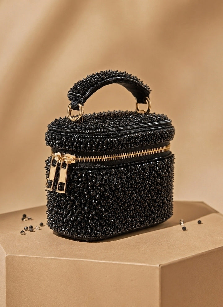 Black Suede Embroidered Vanity Bag
