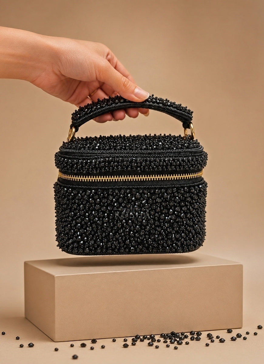 Black Suede Embroidered Vanity Bag