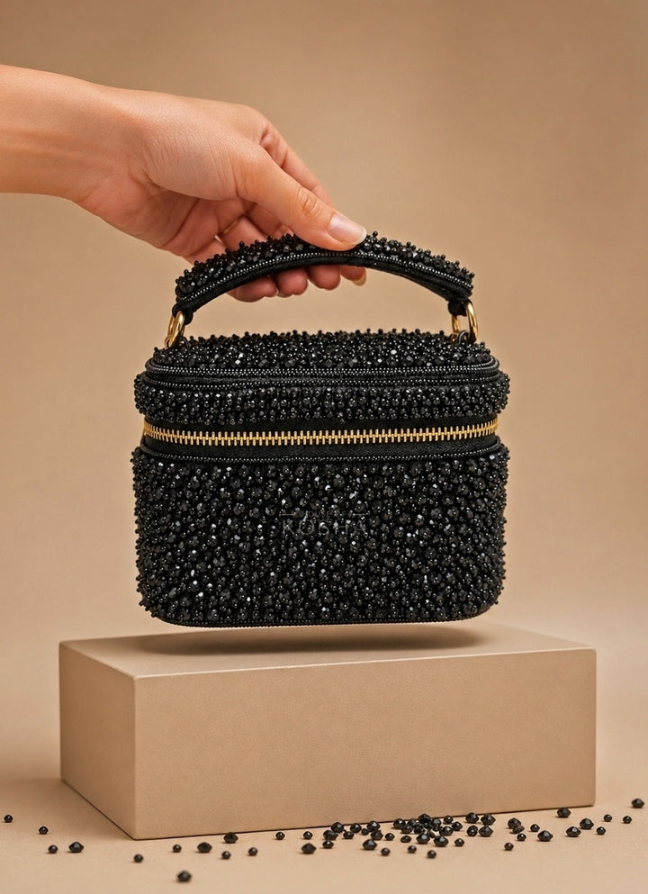 Black Suede Embroidered Vanity Bag