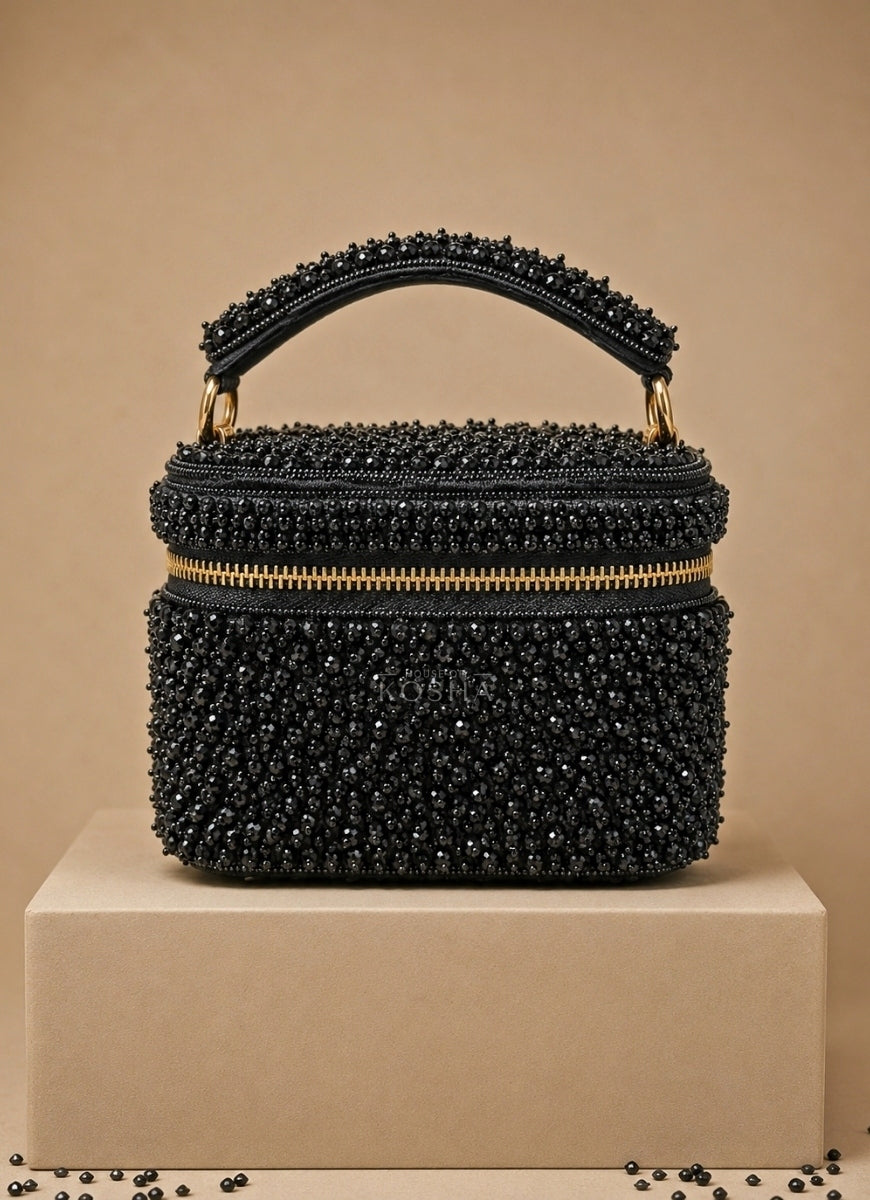 Black Suede Embroidered Vanity Bag