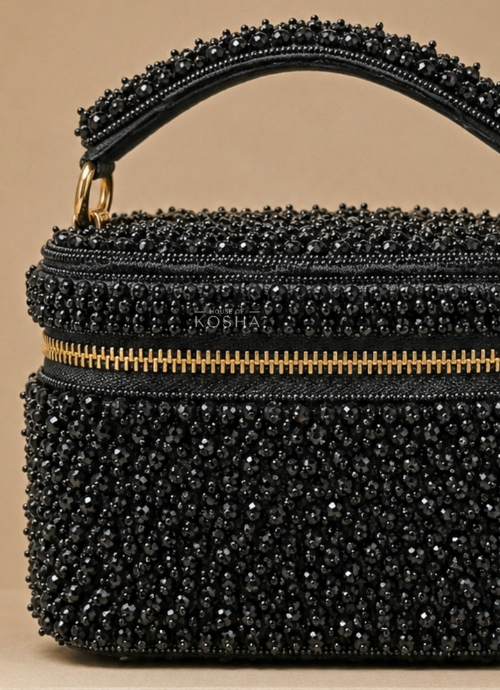 Black Suede Embroidered Vanity Bag