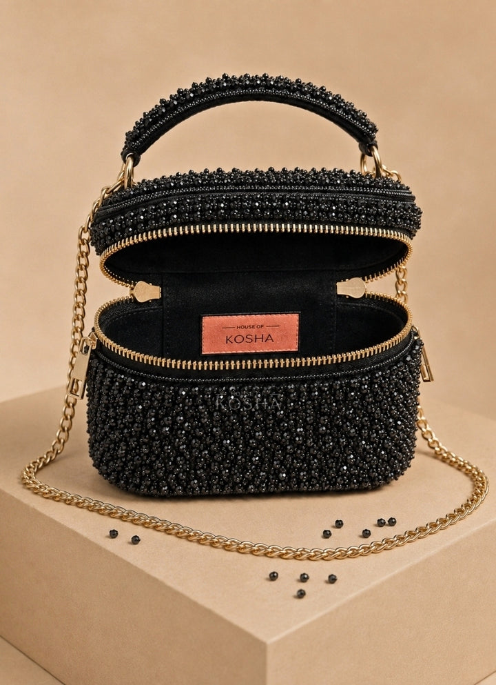 Black Suede Embroidered Vanity Bag
