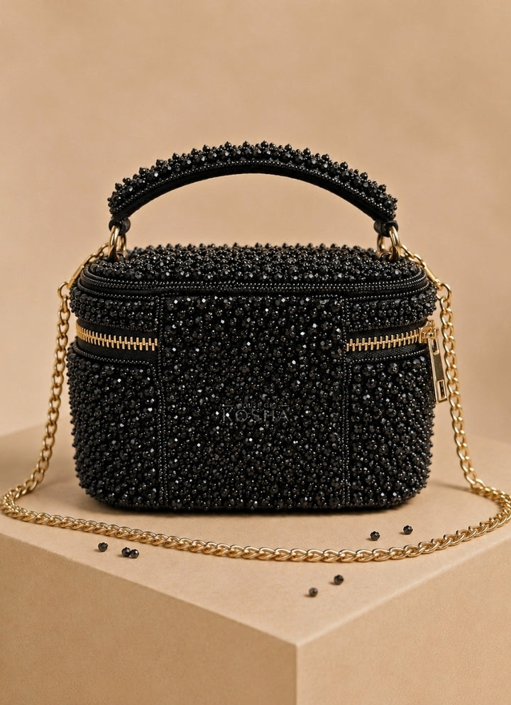 Black Suede Embroidered Vanity Bag