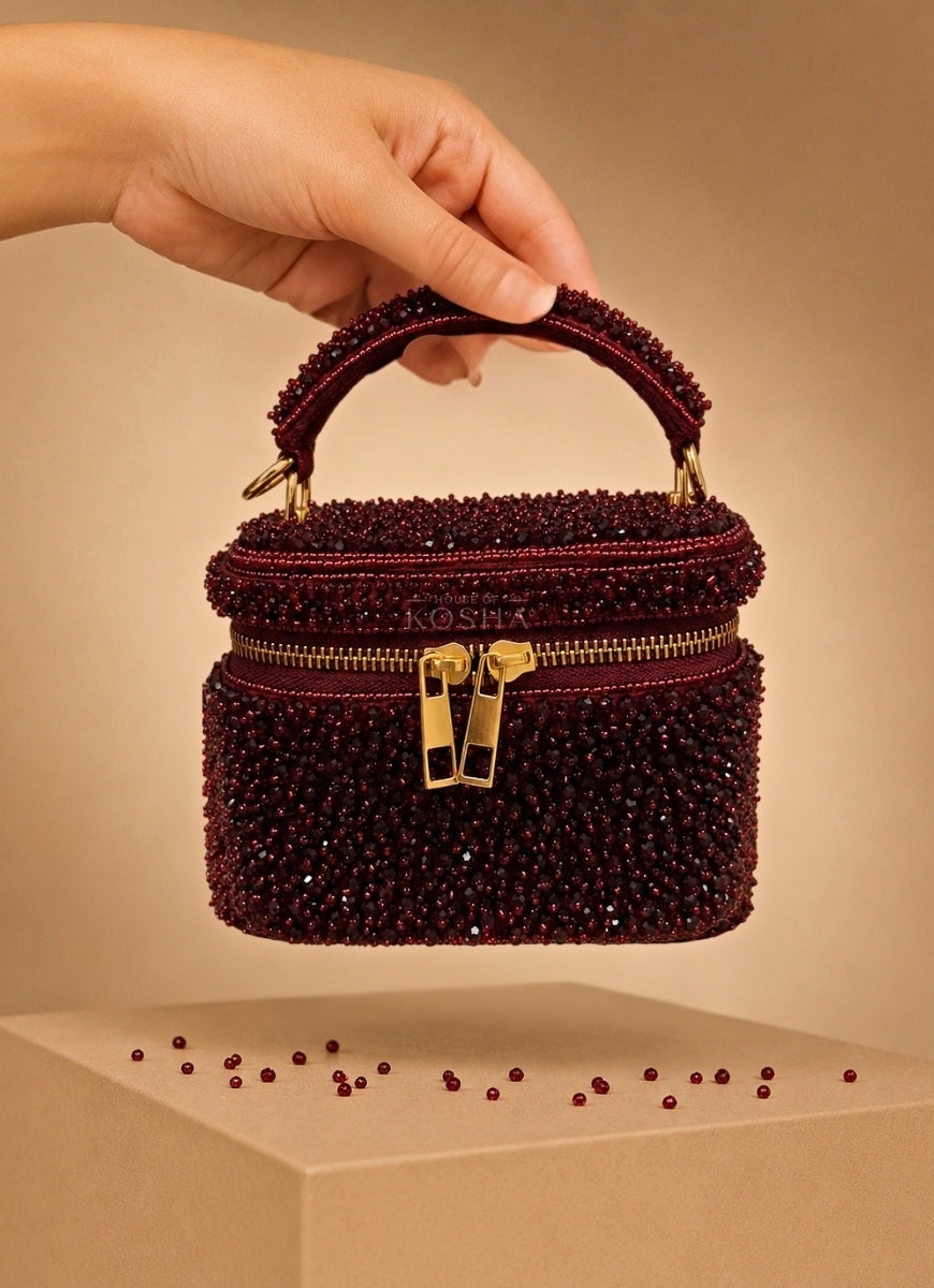 Maroon Red Suede Embroidered Vanity Bag
