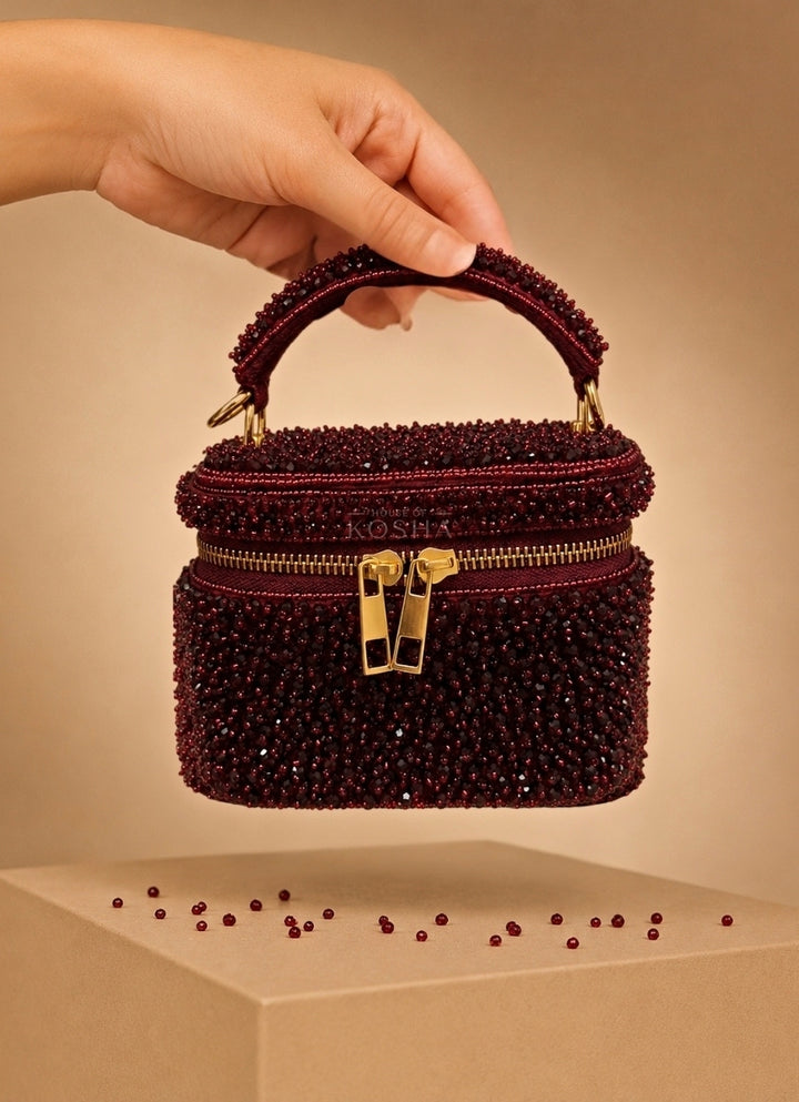 Maroon Red Suede Embroidered Vanity Bag