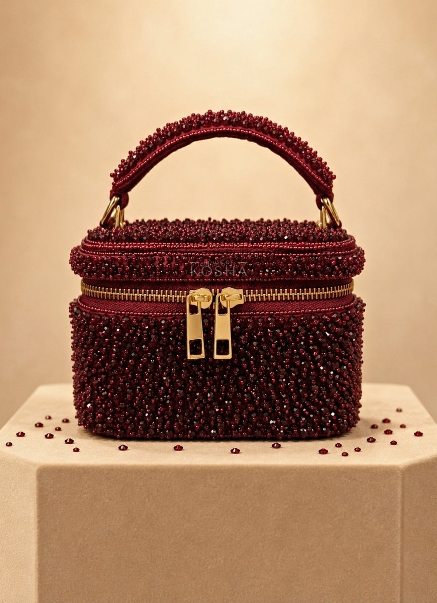 Maroon Red Suede Embroidered Vanity Bag