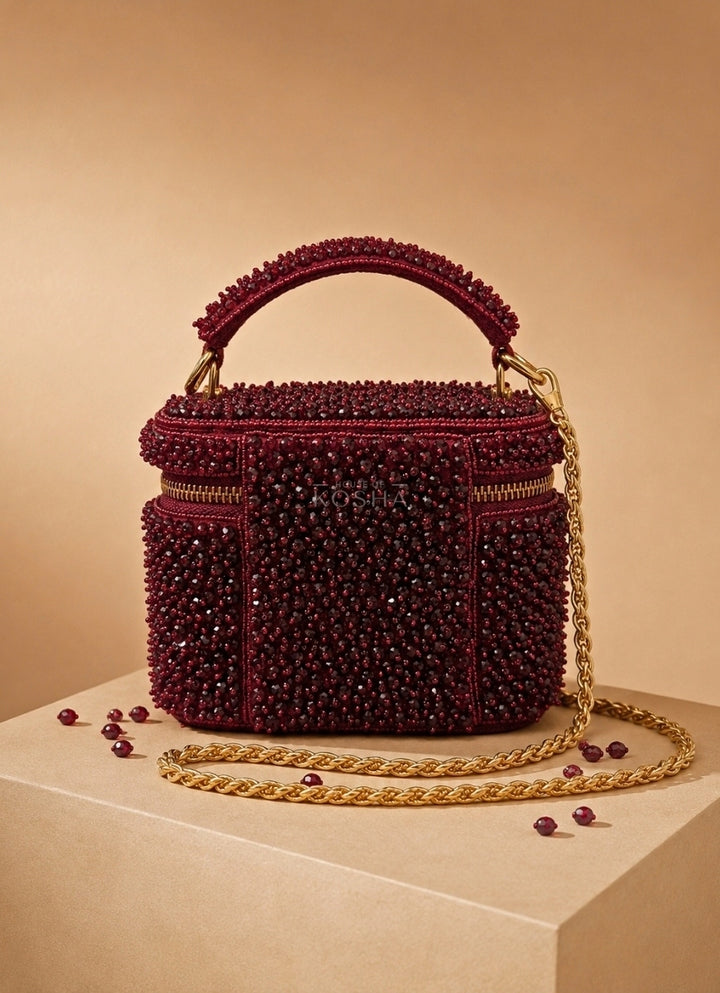 Maroon Red Suede Embroidered Vanity Bag