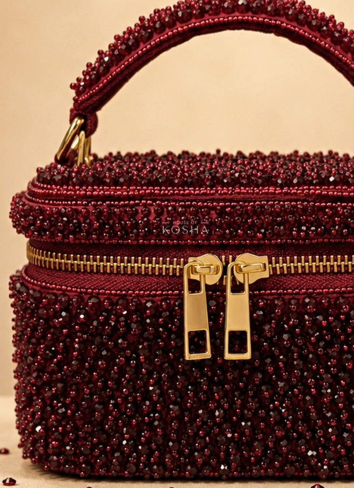 Maroon Red Suede Embroidered Vanity Bag