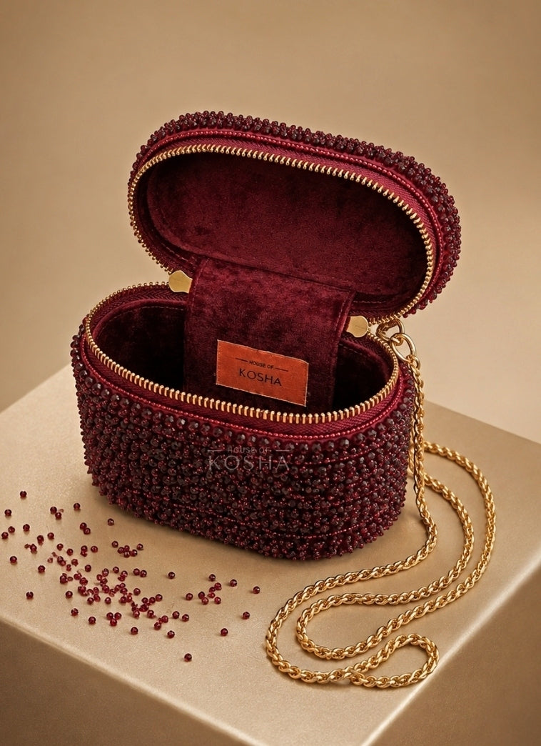 Maroon Red Suede Embroidered Vanity Bag