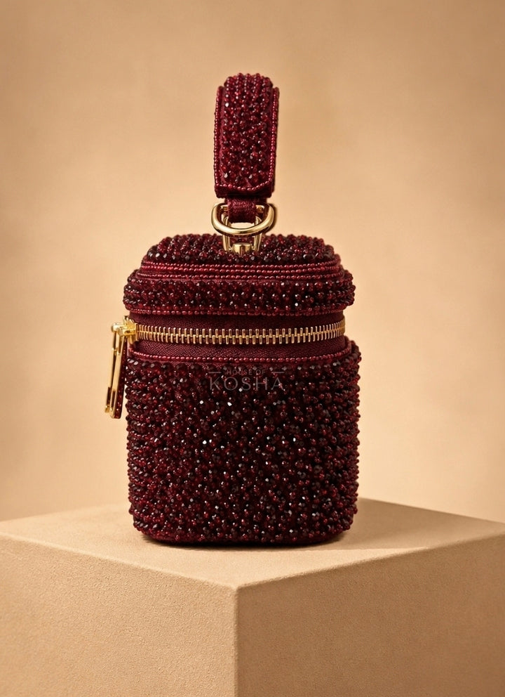 Maroon Red Suede Embroidered Vanity Bag