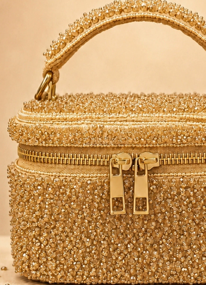 Gold Suede Embroidered Vanity Bag