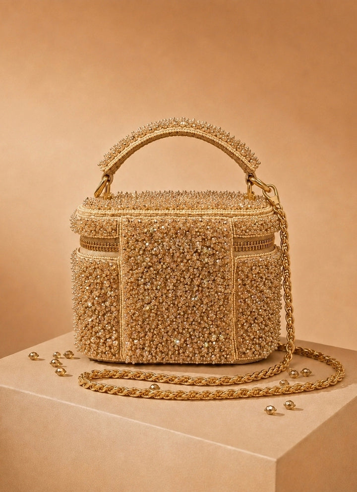 Gold Suede Embroidered Vanity Bag