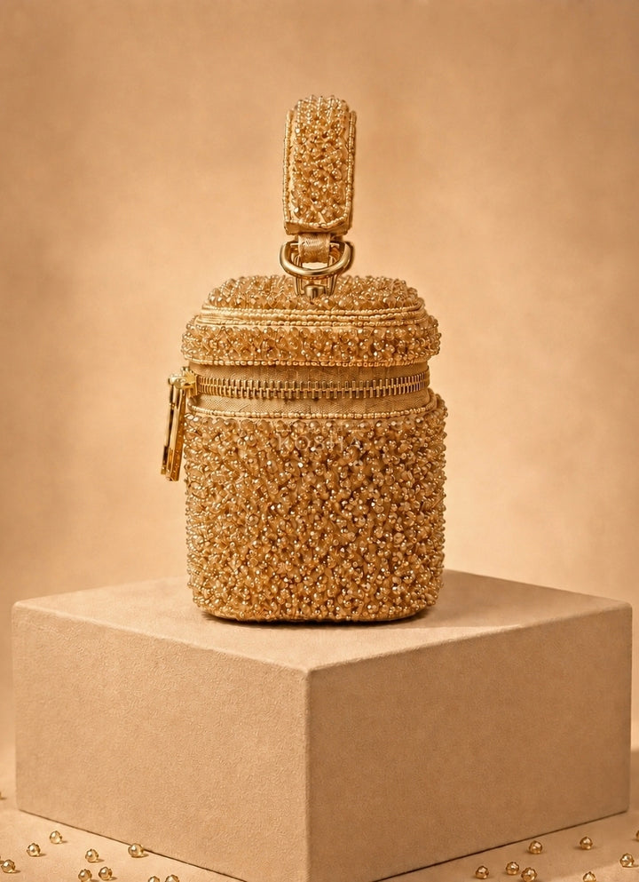 Gold Suede Embroidered Vanity Bag