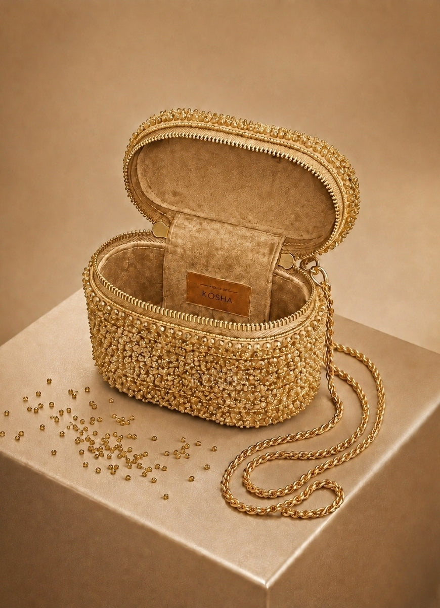 Gold Suede Embroidered Vanity Bag