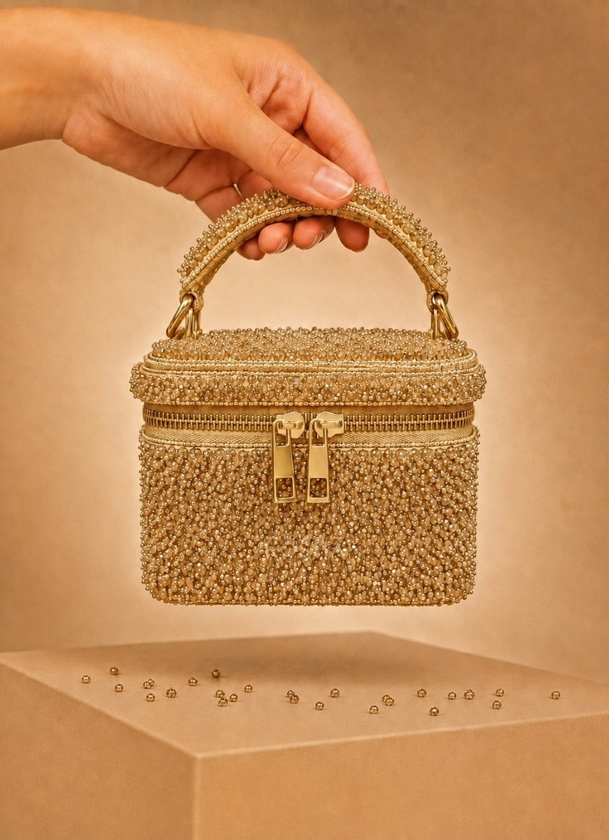 Gold Suede Embroidered Vanity Bag