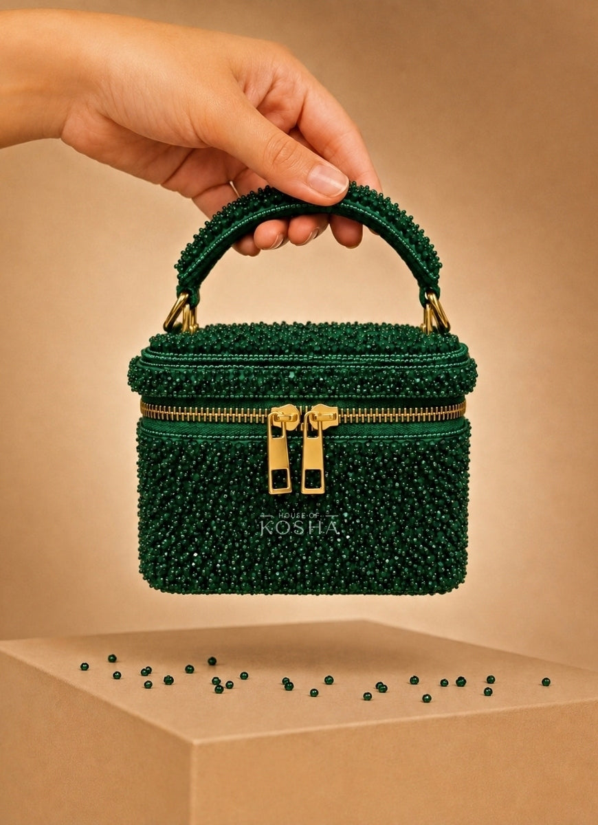 Green Suede Embroidered Vanity Bag